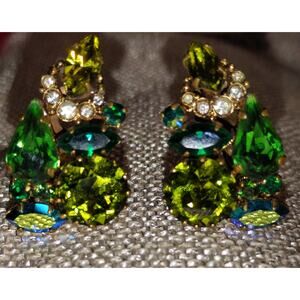 Vintage Austrian Green Rhinestone Clip-On Earrings – One Signed